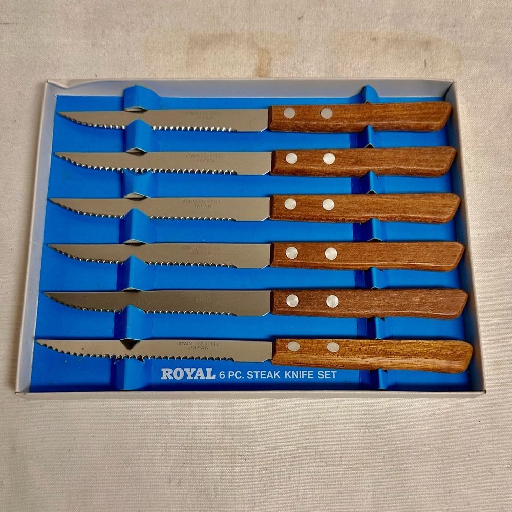 Vintage Royal Stainless Steel 6-Piece Steak Knife Set with Riveted Wood Handles-